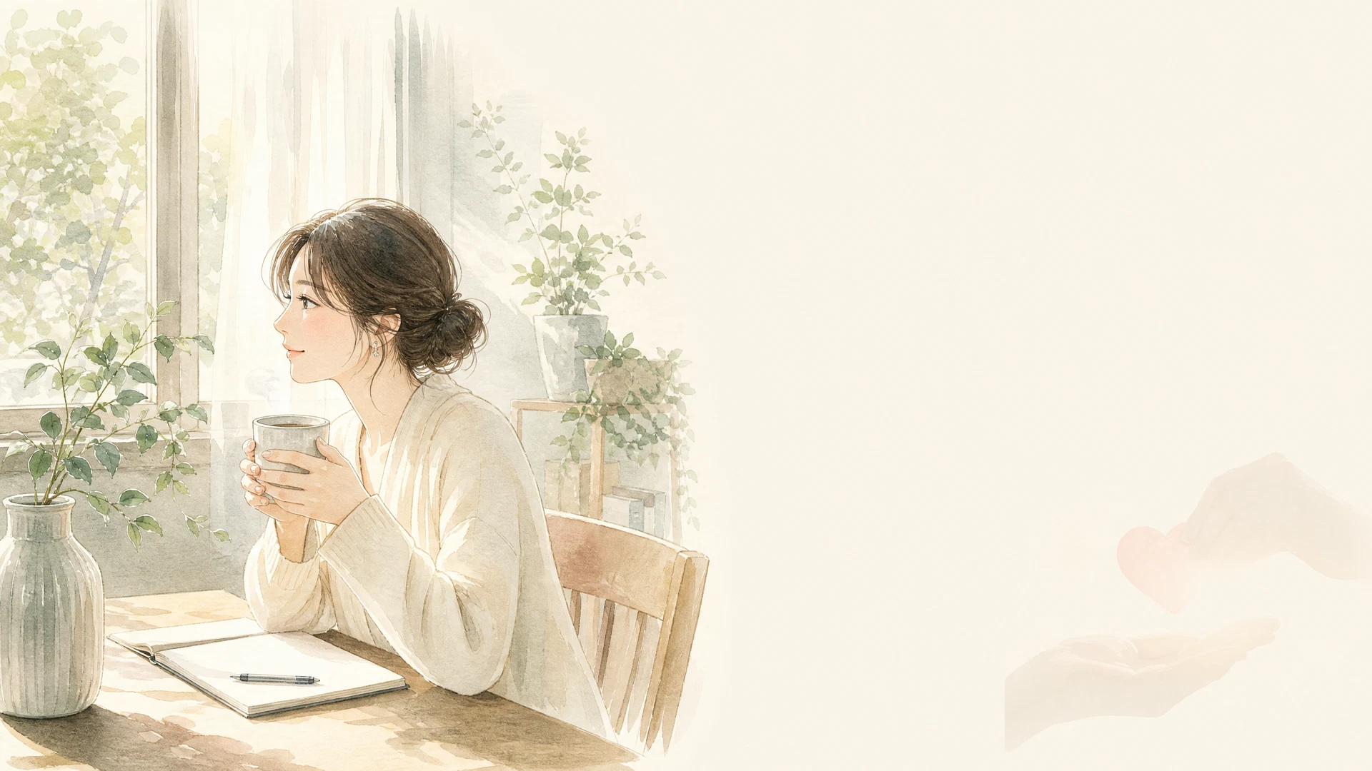 窓辺でノートに気持ちを書き出す女性のイラスト